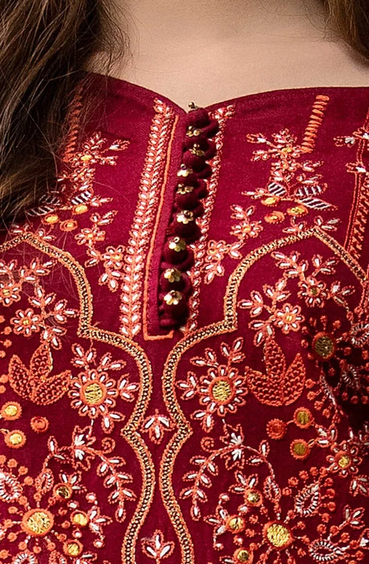 Embroidered Acrylic Suit with Gold and Lacquer Printed Acrylic Dupatta BY GUL AHMED V02 – AP42043