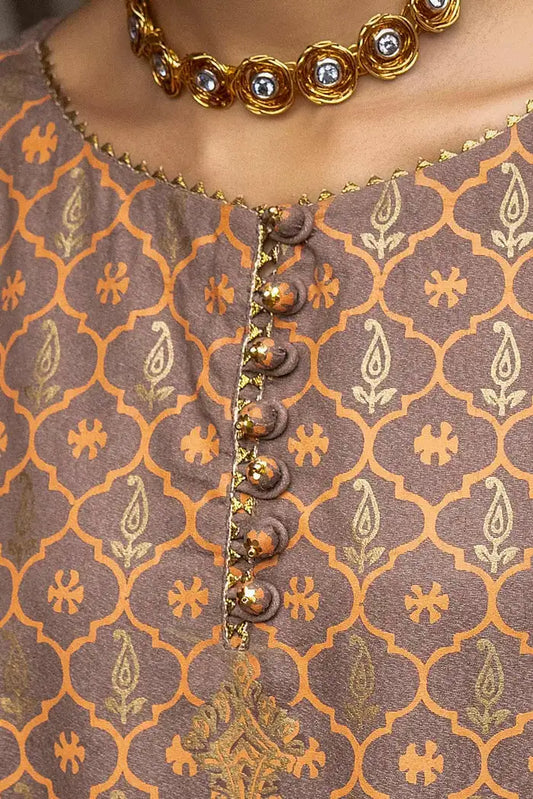 Gold and Lacquer Printed Suit with Gold and Lacquer Printed Acrylic Dupatta BY GUL AHMED V02 – AP42042