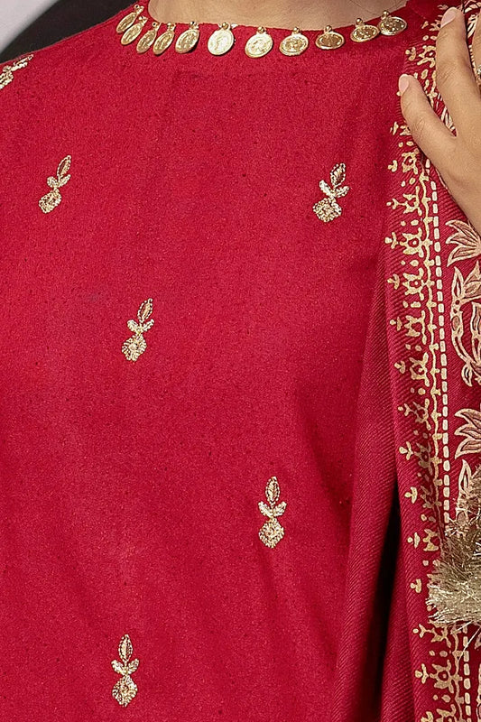 Embroidered Karandi Suit with Gold and Lacquer Printed Acrylic Dupatta BY GUL AHMED V02 – AP42045