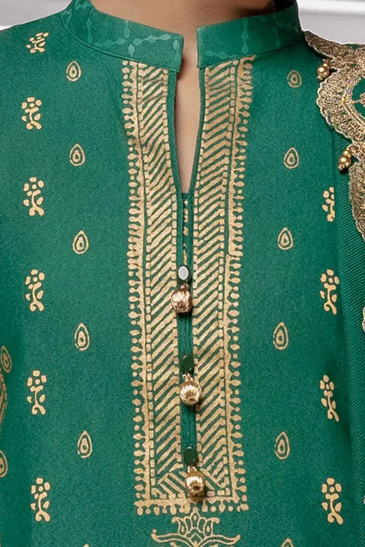 Gold and Lacquer Printed Karandi Suit with Embroidered Pashmina Shawl BY GUL AHMED V02 – AP42046