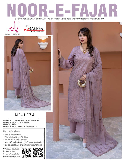 Noor-e-Fajar NF-1574 Embroidered Lawn Suit 3 Piece | Premium Lawn Collection