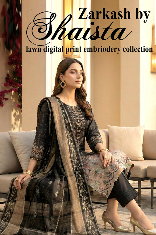 🖤 Zarkash by Shaista D#538 Lawn Digital Print Embroidered Suit – 3 Piece
