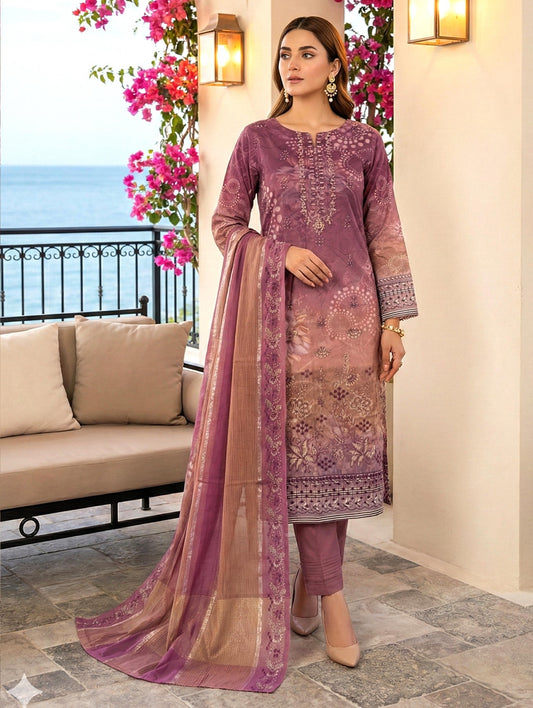 🖤 Zarkash by Shaista D#540 Lawn Digital Print Embroidered Suit – 3 Piece