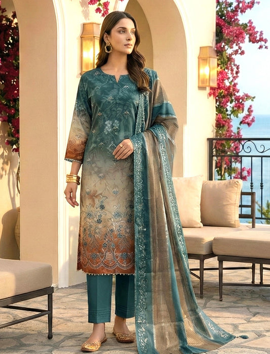 🖤 Zarkash by Shaista D#542 Lawn Digital Print Embroidered Suit – 3 Piece