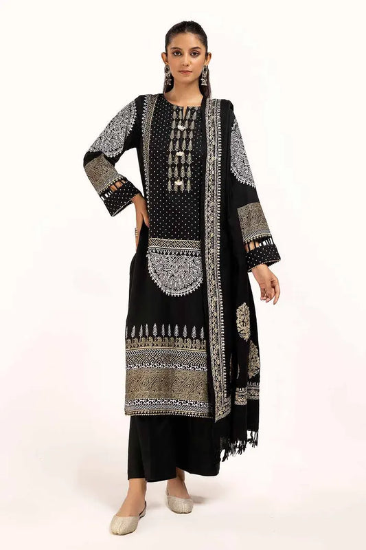 Gold and Lacquer Printed Acrylic Suit with Embroidered Lacquer Pashmina Dupatta BY GUL AHMED V02 – AP42021
