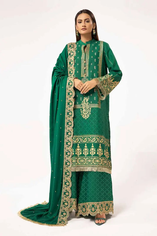 Gold and Lacquer Printed Karandi Suit with Embroidered Pashmina Shawl BY GUL AHMED V02 – AP42046