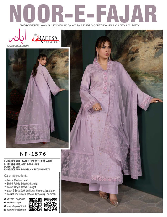 Noor-e-Fajar NF-1576 Embroidered Lawn Suit 3 Piece | Premium Lawn Collection